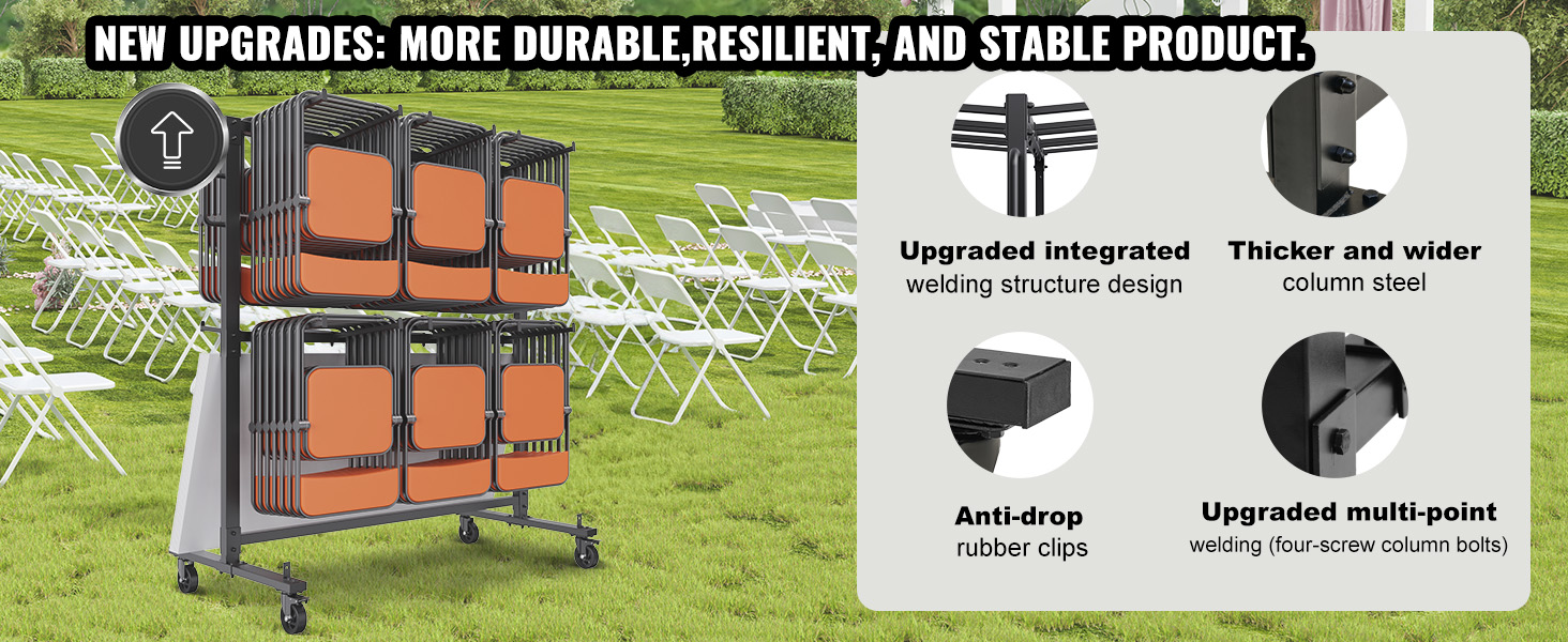 VEVOR folding chair cart with upgraded structure, durable column steel, and anti-drop rubber clips.