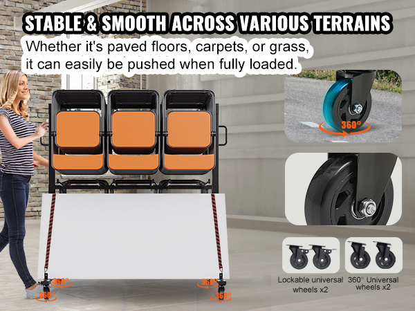 woman pushing a fully loaded VEVOR folding chair cart with 360° wheels, moving smoothly on various surfaces.