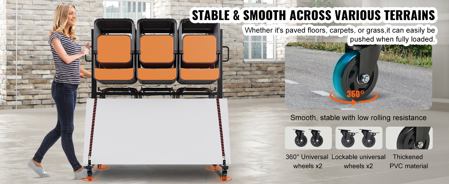 woman pushing a fully loaded VEVOR folding chair cart with 360° wheels, moving smoothly on various surfaces.
