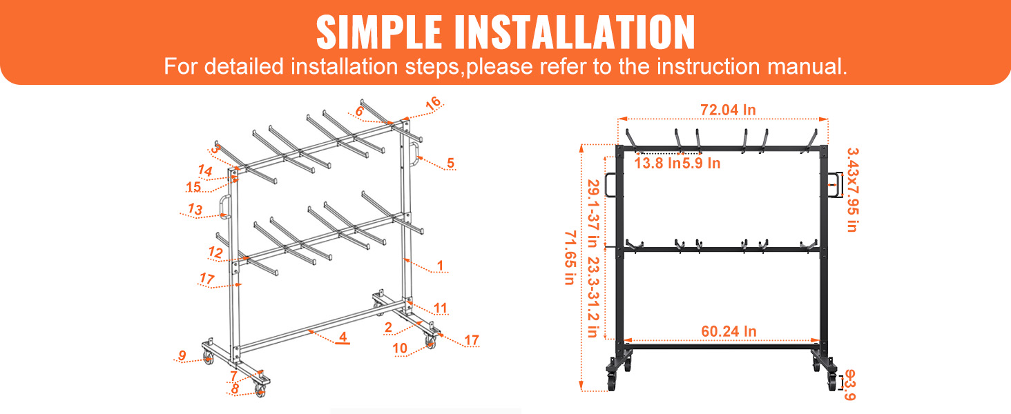 VEVOR folding chair cart assembly diagram with dimensions in inches, showcasing labeled parts and installation steps.