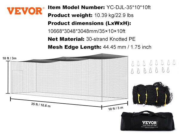 VEVOR baseball batting netting, 35x10x10 ft dimensions, 30-strand knotted pe, black carry bag included.