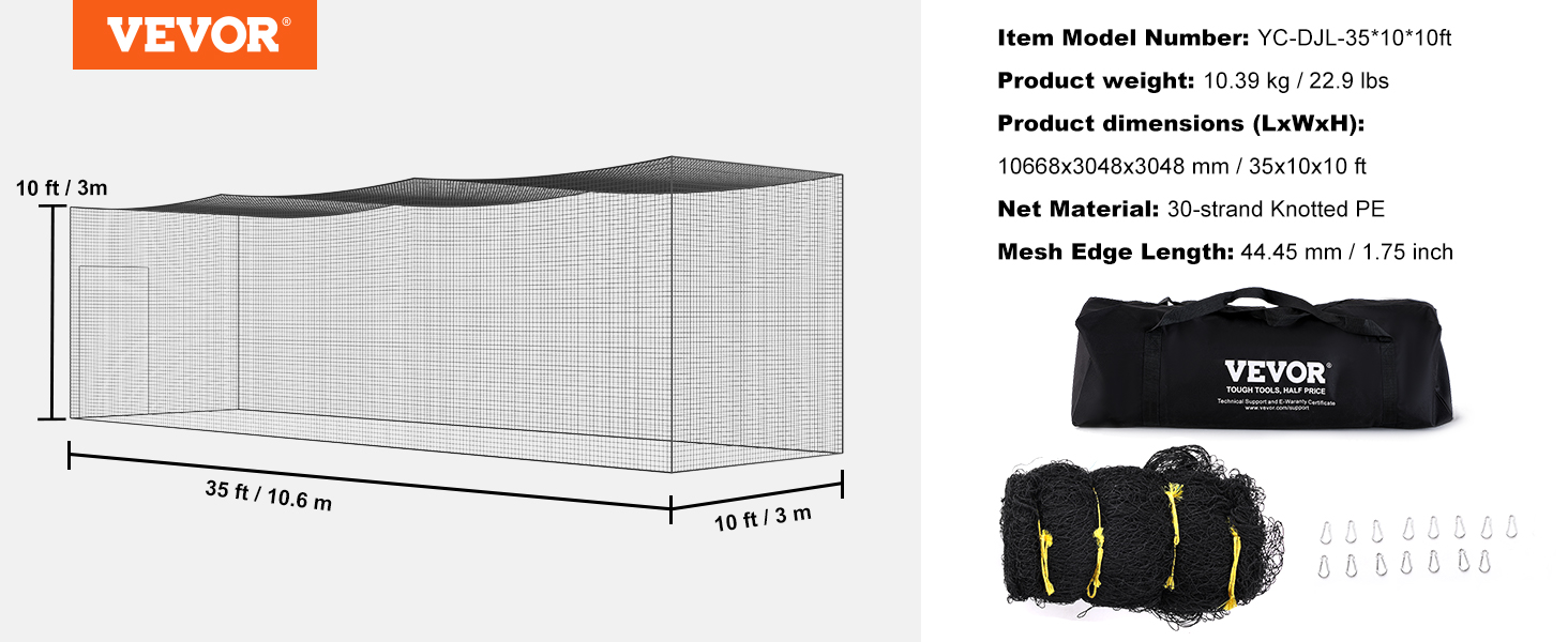 VEVOR baseball batting netting, 35x10x10 ft dimensions, 30-strand knotted pe, black carry bag included.