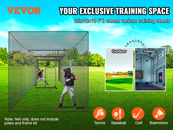 VEVOR baseball batting netting setup in a green outdoor field with training space options.