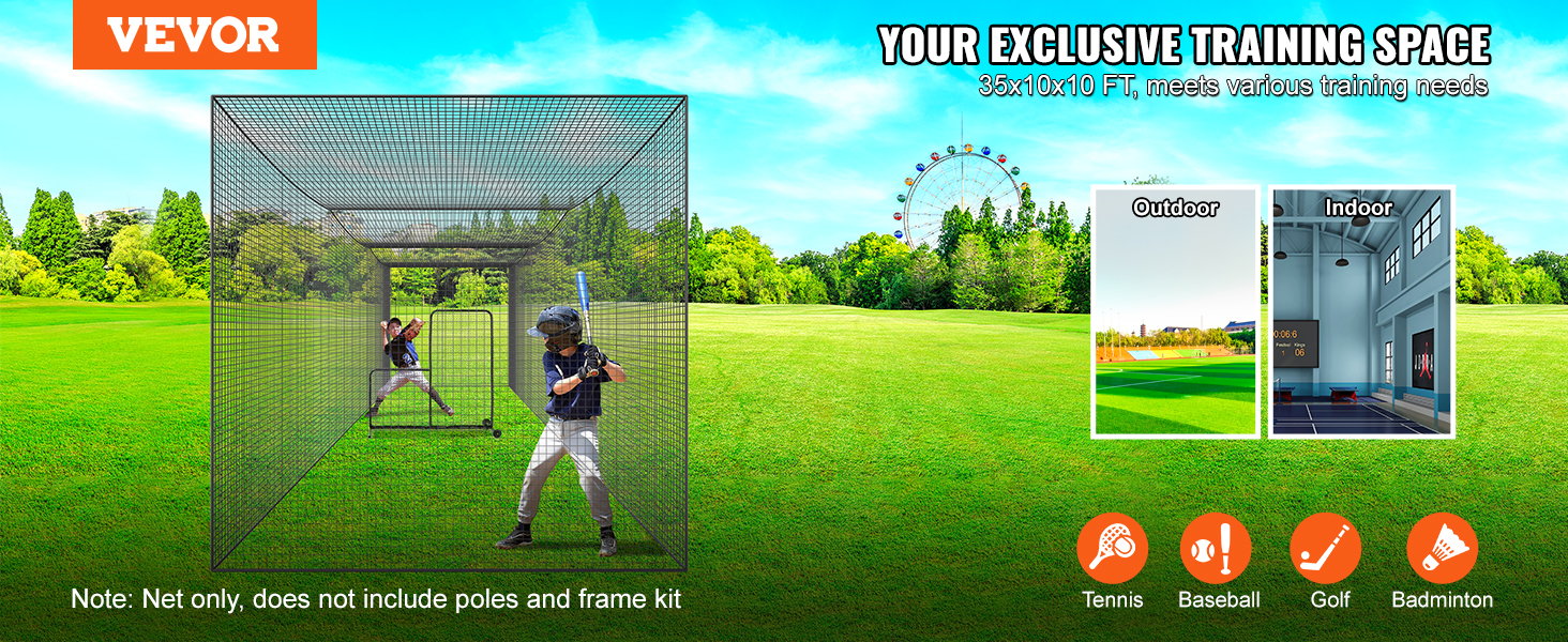 VEVOR baseball batting netting setup in a green outdoor field with training space options.