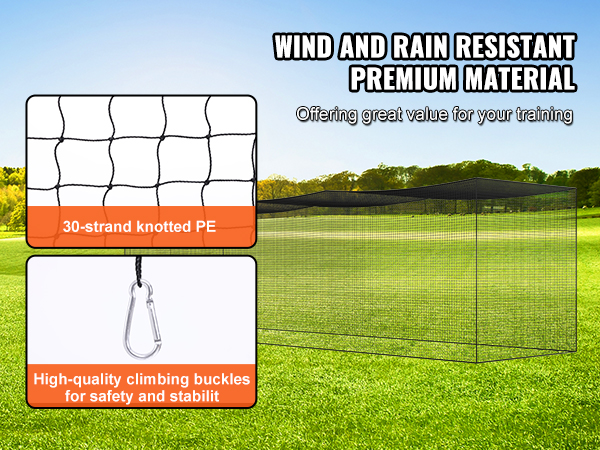 VEVOR baseball batting netting with 30-strand knotted pe and high-quality climbing buckles for durability.