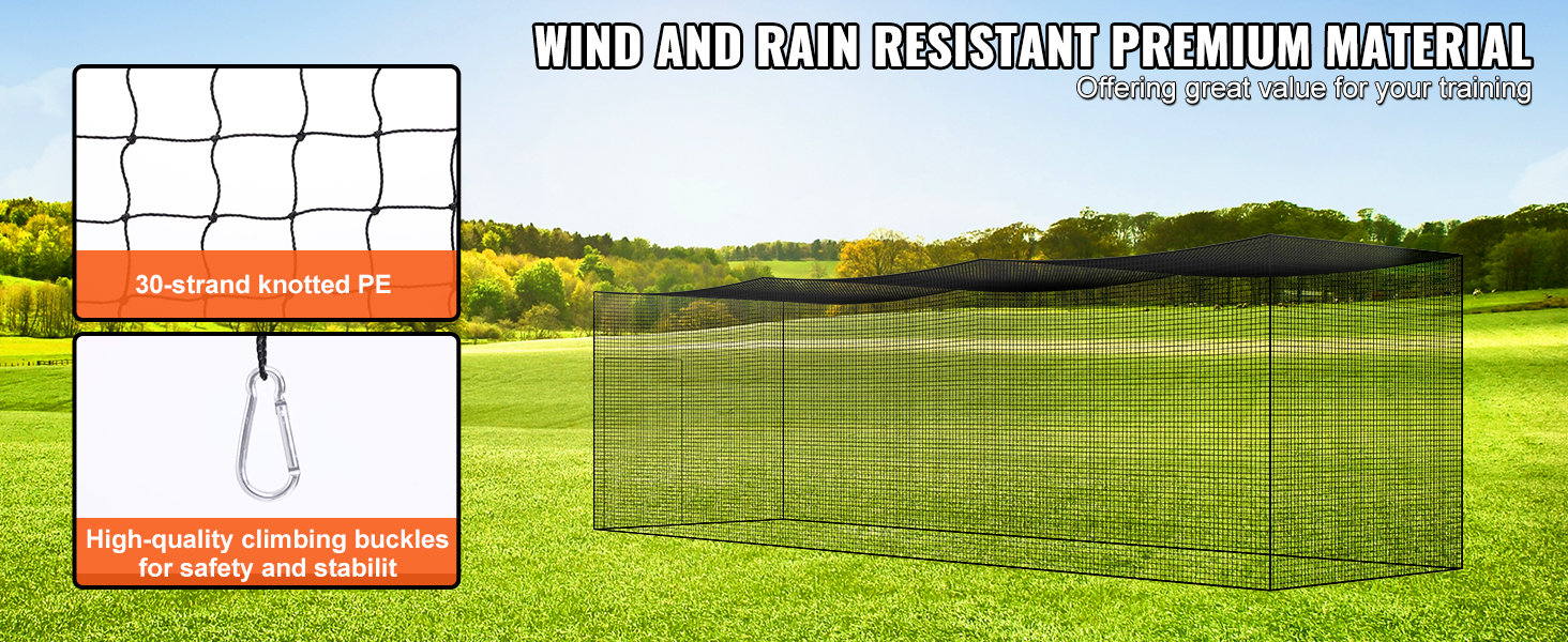 VEVOR baseball batting netting with 30-strand knotted pe and high-quality climbing buckles for durability.