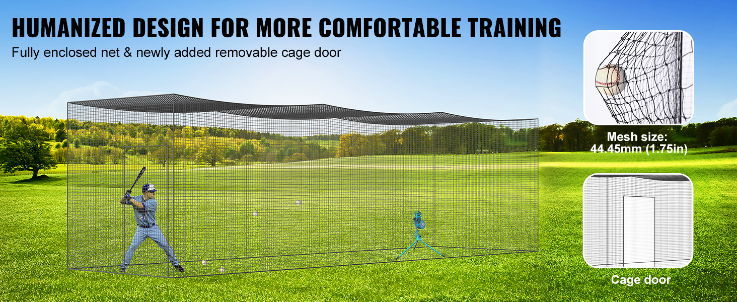 VEVOR baseball batting netting with fully enclosed net and removable cage door for comfortable training.