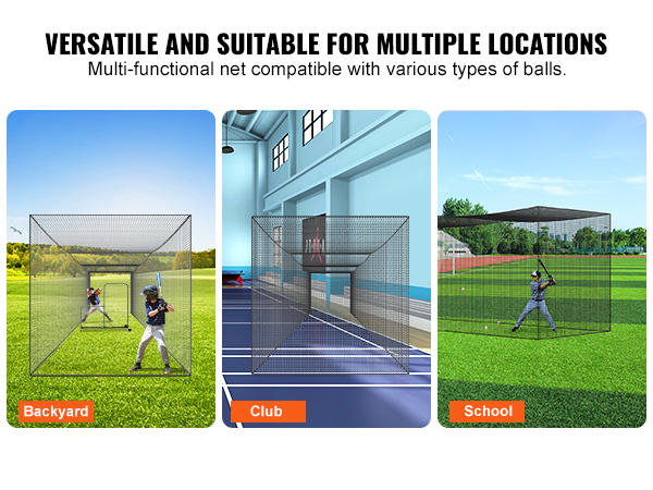 VEVOR baseball batting netting in backyard, club, and school settings for versatile practice locations.