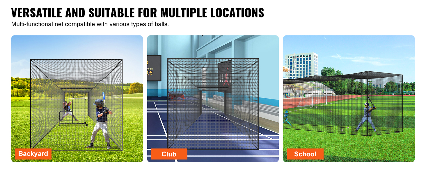 VEVOR baseball batting netting in backyard, club, and school settings for versatile practice locations.
