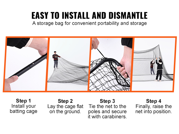 easy installation steps for VEVOR baseball batting netting, from pole assembly to raising the net.