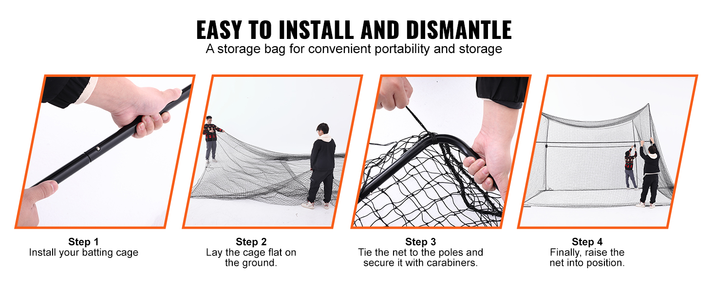 easy installation steps for VEVOR baseball batting netting, from pole assembly to raising the net.