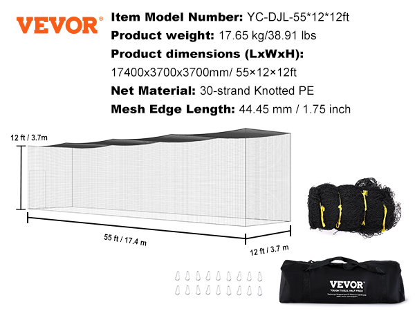 VEVOR baseball batting net, dimensions 55x12x12 ft with 30-strand knotted pe, includes carrying bag.
