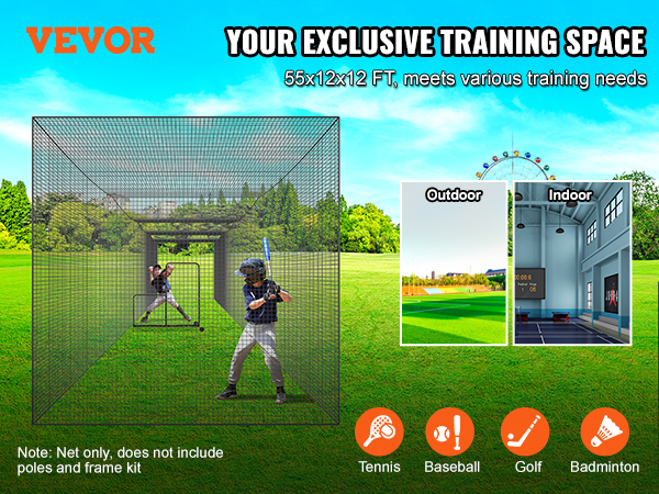 VEVOR baseball batting net for training, suitable for indoor and outdoor use, 55x12x12 ft size.