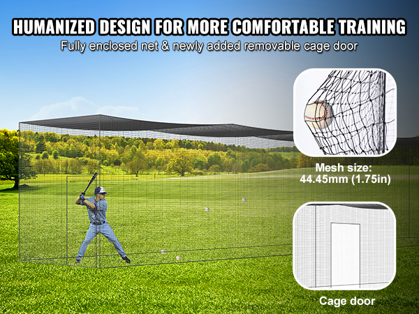 VEVOR baseball batting net with enclosed design, removable cage door, and 44.45mm mesh on a field.