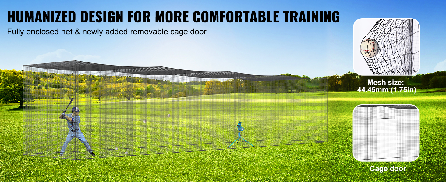 VEVOR baseball batting net with enclosed design, removable cage door, and 44.45mm mesh on a field.