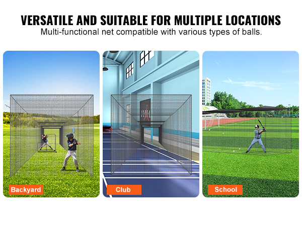 VEVOR baseball batting net in backyard, indoor club court, and school field, showcasing versatility.