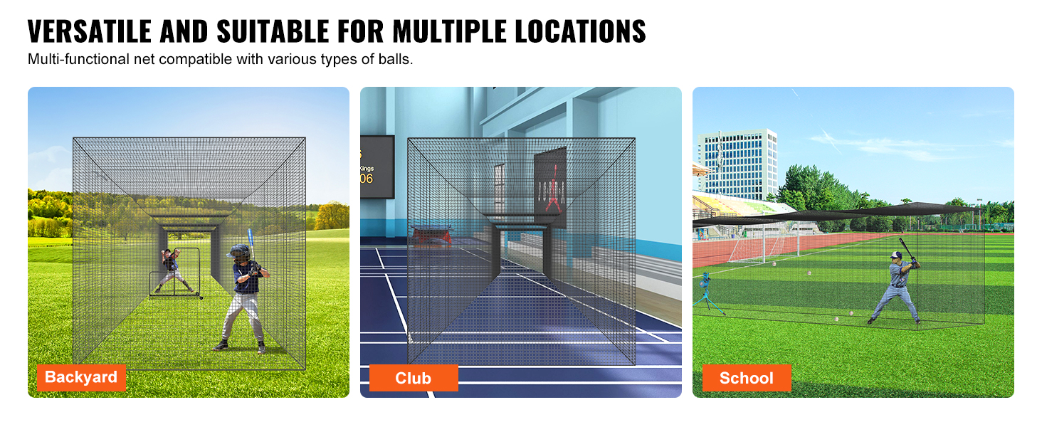 VEVOR baseball batting net in backyard, indoor club court, and school field, showcasing versatility.