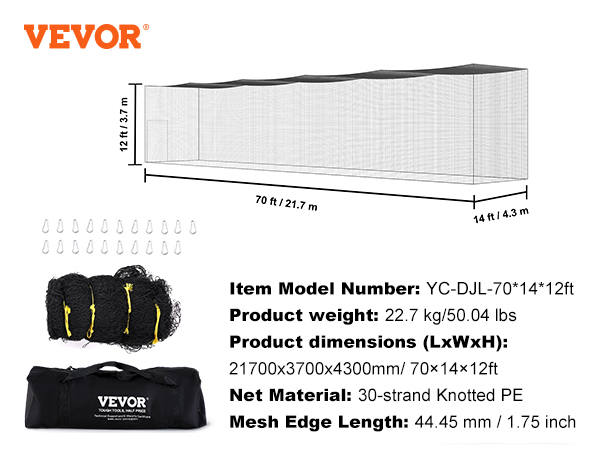 VEVOR baseball batting net: 70x12x14 ft, 22.7 kg, knotted pe, mesh edge 44.45 mm, with carry bag and accessories.
