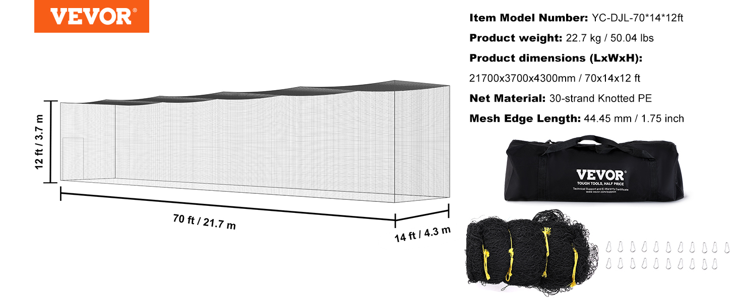 VEVOR baseball batting net: 70x12x14 ft, 22.7 kg, knotted pe, mesh edge 44.45 mm, with carry bag and accessories.