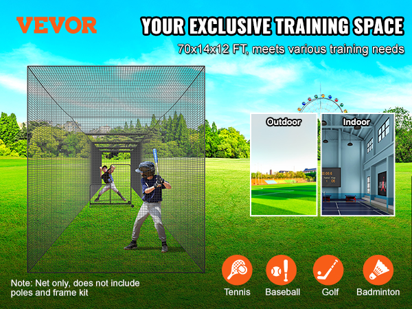 VEVOR baseball batting net in a green field for outdoor and indoor sports training with player practicing.