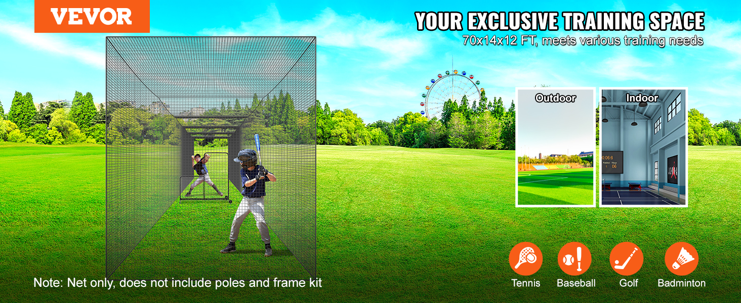 VEVOR baseball batting net in a green field for outdoor and indoor sports training with player practicing.