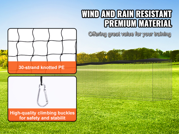 VEVOR baseball batting net with 30-strand knotted pe and high-quality climbing buckles for stability.