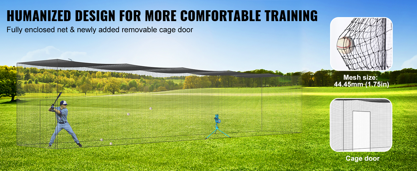 baseball player practicing inside a VEVOR baseball batting net with mesh size 44.45mm and removable cage door.