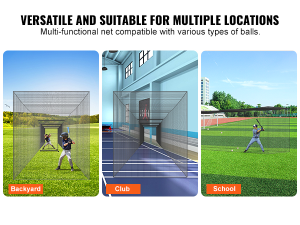 VEVOR baseball batting net set up in backyard, club, and school fields for versatile training.