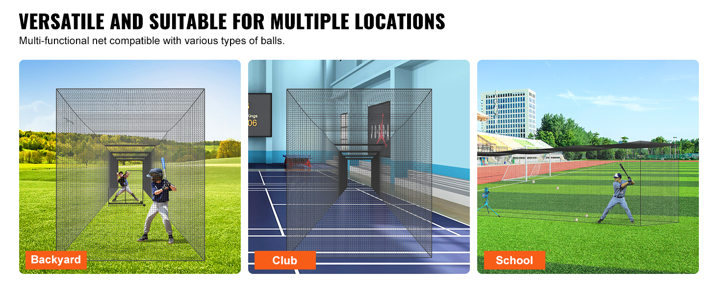 VEVOR baseball batting net set up in backyard, club, and school fields for versatile training.