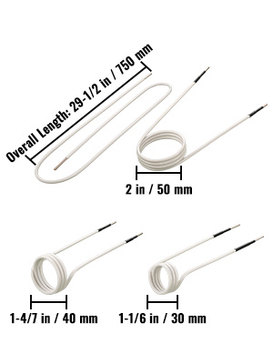 VEVOR induction heater coils with lengths: 750mm, 50mm, 40mm, and 30mm.
