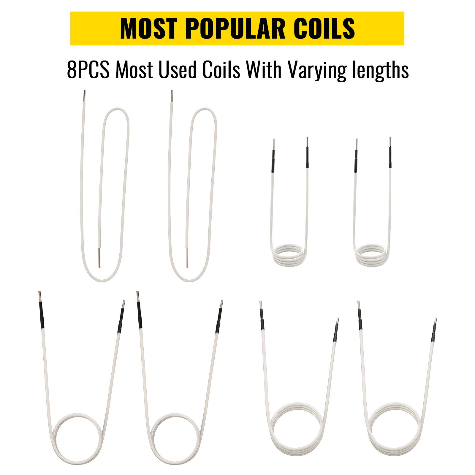 VEVOR induction heater coils set with 8 pieces of varying lengths.