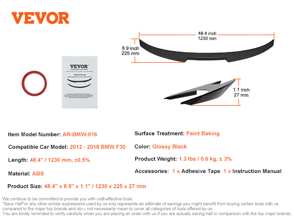 VEVOR gt wing car spoiler specifications for bmw f30, abs material, glossy black, 48.4"x8.9"x1.1".