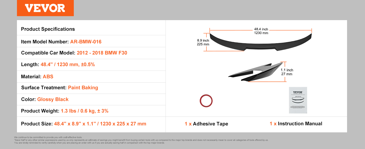 VEVOR gt wing car spoiler specifications for bmw f30, abs material, glossy black, 48.4"x8.9"x1.1".