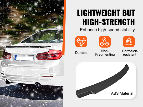 white car driving in snow with VEVOR gt wing car spoiler, emphasizing lightweight durability and stability.