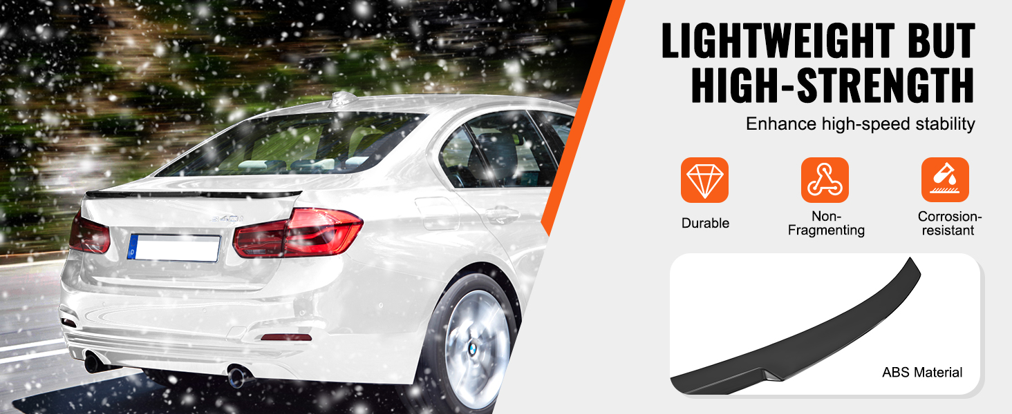 white car driving in snow with VEVOR gt wing car spoiler, emphasizing lightweight durability and stability.