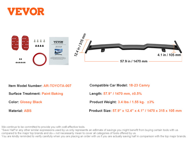VEVOR gt wing car spoiler for 18-23 camry, abs material, glossy black finish, 57.9" length, with hardware.