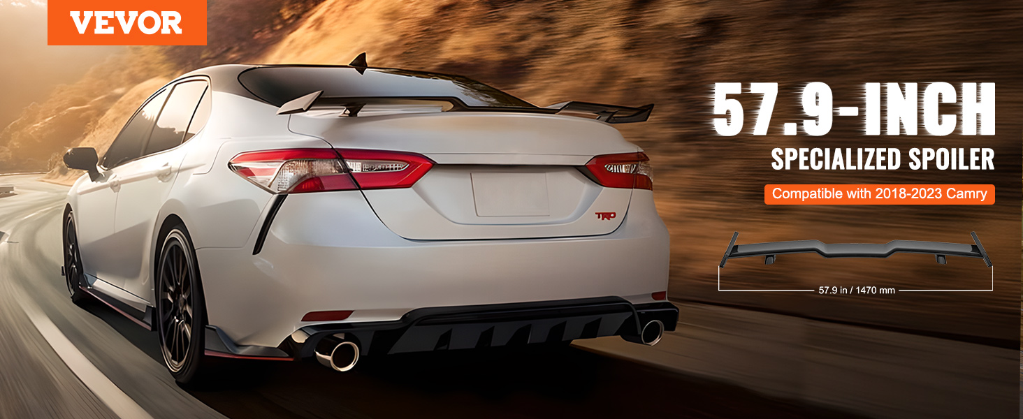 white car with VEVOR gt wing car spoiler, 57.9-inch specialized, compatible with 2018-2023 camry.