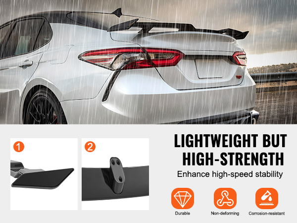 VEVOR gt wing car spoiler on a white sports car in the rain, highlighting durability and stability features.