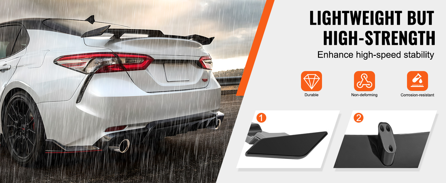 VEVOR gt wing car spoiler on a white sports car in the rain, highlighting durability and stability features.