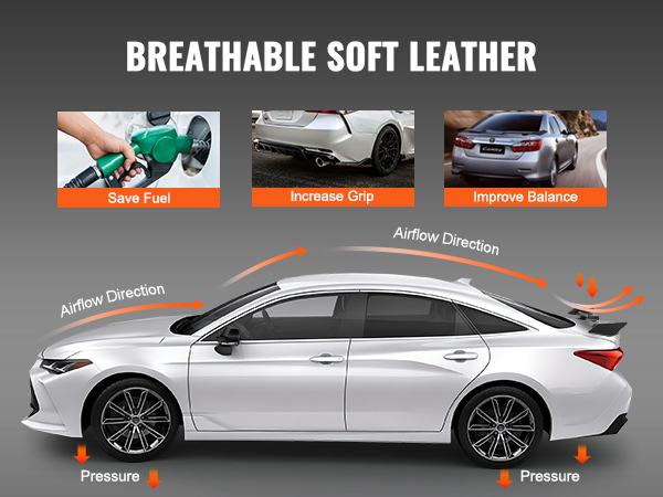 white sedan with VEVOR gt wing car spoiler showing airflow, pressure effects, fuel savings, grip, and balance.