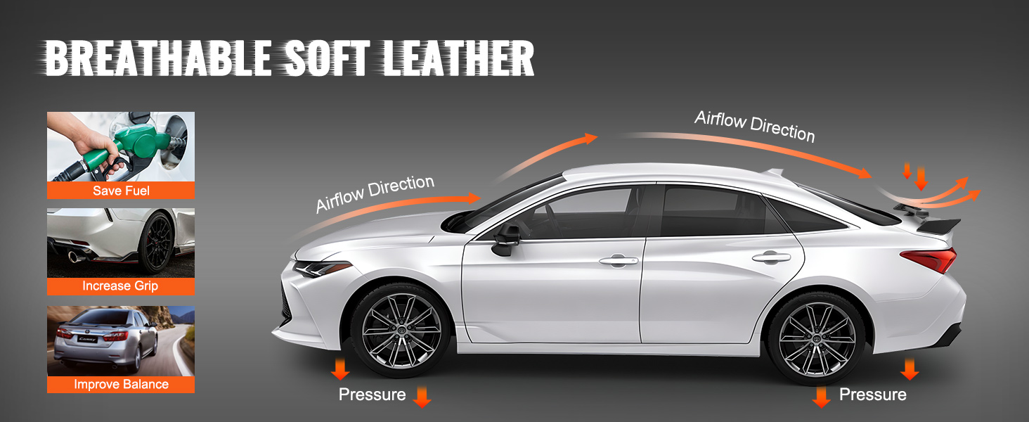 white sedan with VEVOR gt wing car spoiler showing airflow, pressure effects, fuel savings, grip, and balance.
