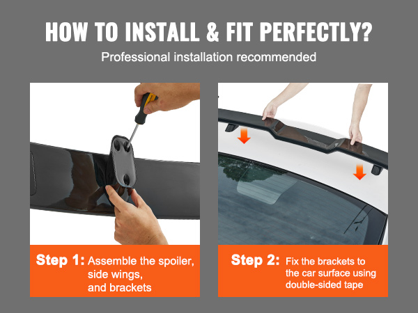 how to install the VEVOR gt wing car spoiler: assemble the spoiler, attach brackets with double-sided tape.