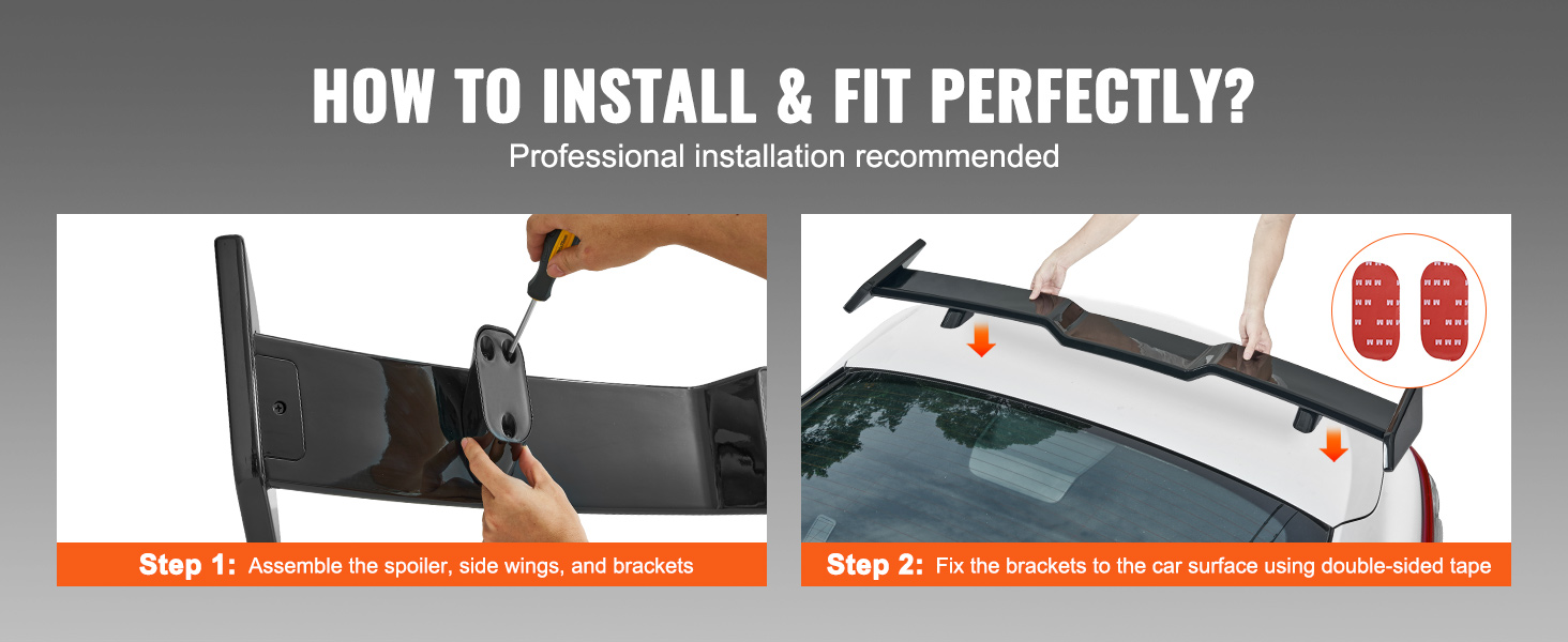 how to install the VEVOR gt wing car spoiler: assemble the spoiler, attach brackets with double-sided tape.