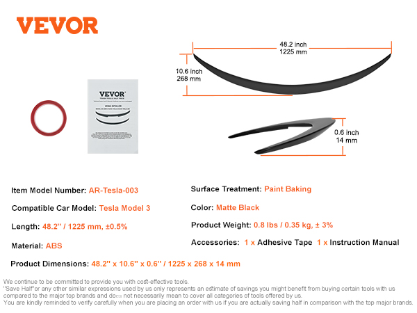 VEVOR tesla model 3 spoiler, abs material, matte black, 48.2" length, 10.6" width, with adhesive tape.