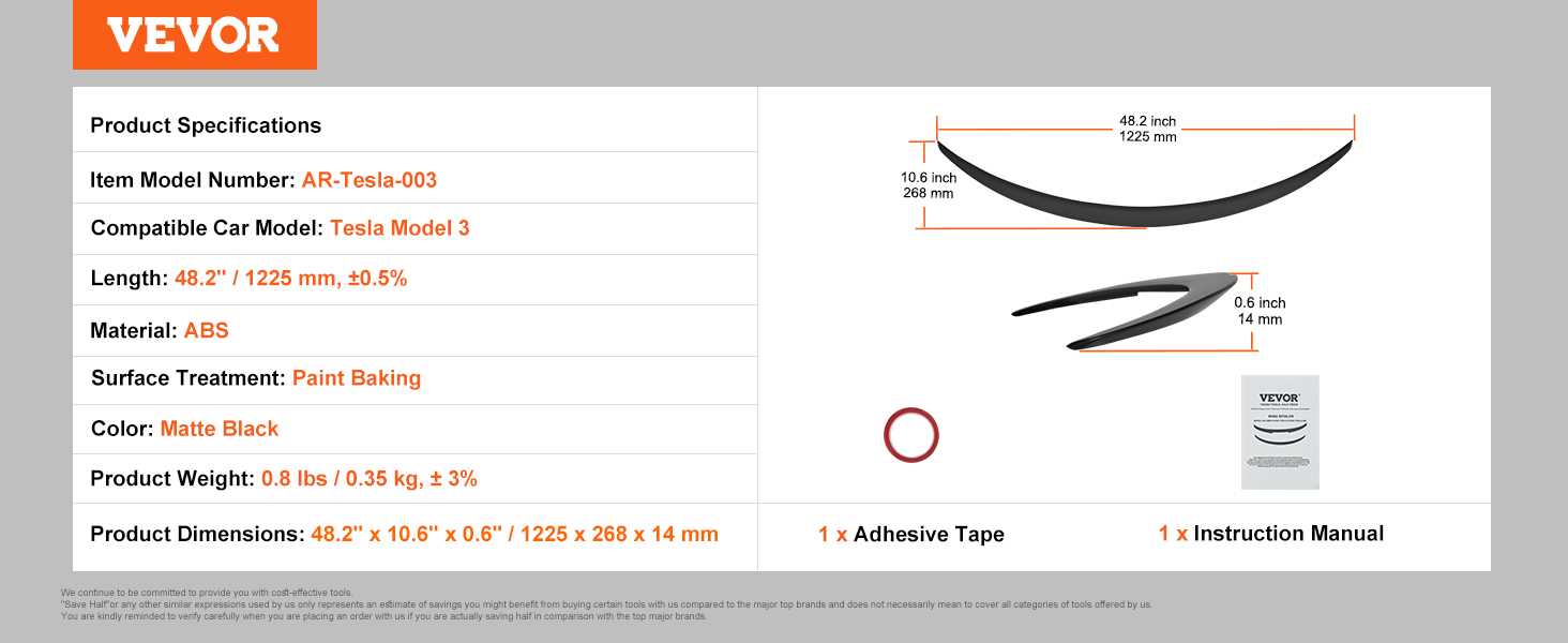 VEVOR tesla model 3 spoiler, abs material, matte black, 48.2" length, 10.6" width, with adhesive tape.