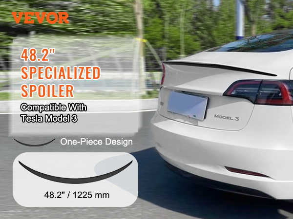 VEVOR 48.2" spoiler for tesla model 3 showcasing one-piece design on a white vehicle.