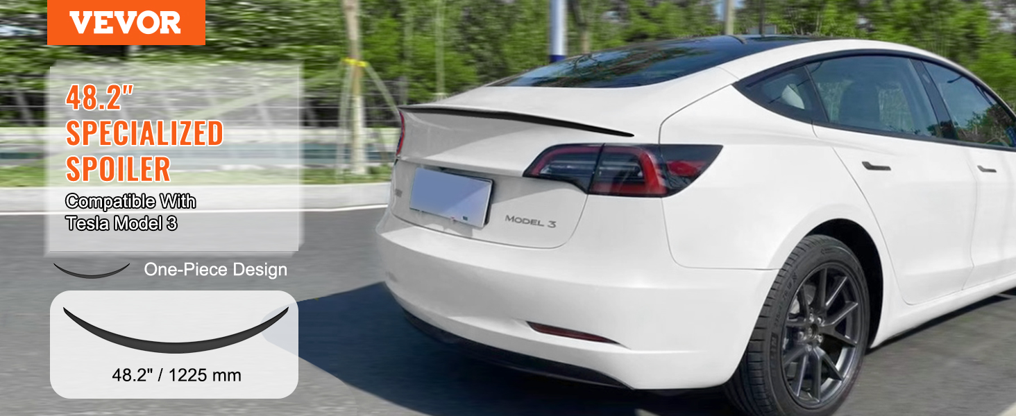 VEVOR 48.2" spoiler for tesla model 3 showcasing one-piece design on a white vehicle.