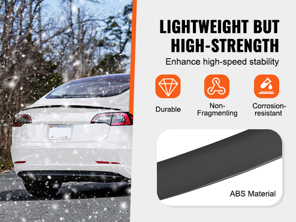 white tesla model 3 with VEVOR spoiler driving in snow, highlighting durability, non-fragmenting, corrosion-resistant features.