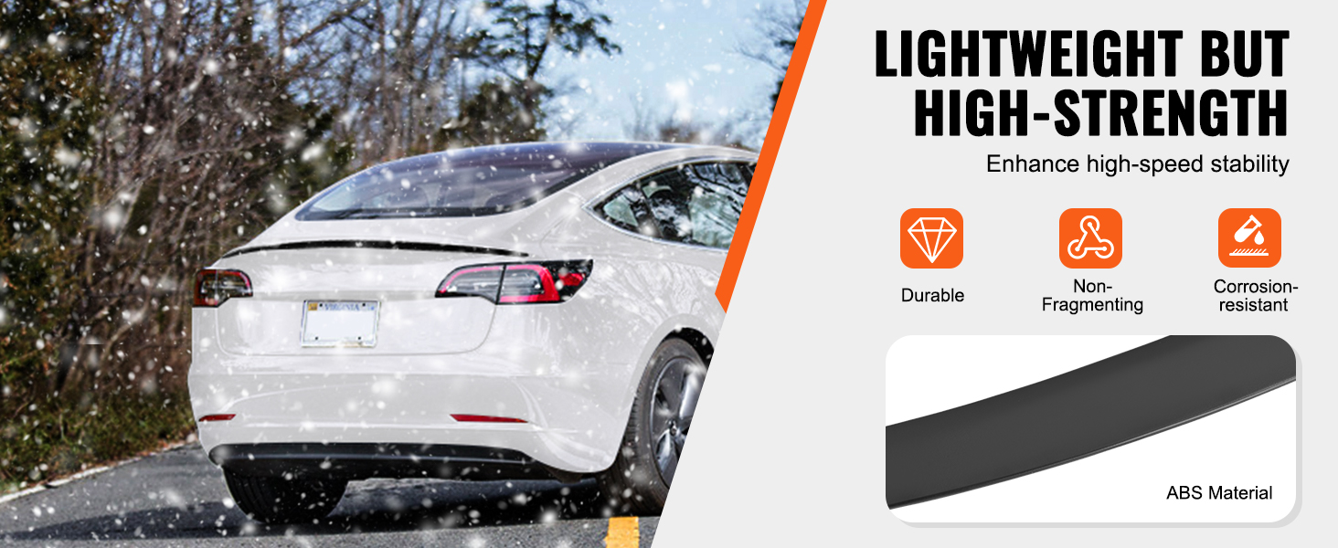 white tesla model 3 with VEVOR spoiler driving in snow, highlighting durability, non-fragmenting, corrosion-resistant features.
