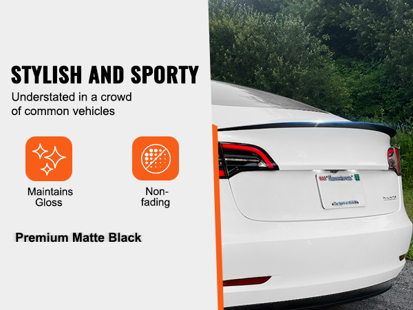 stylish premium matte black VEVOR tesla model 3 spoiler, maintaining gloss and non-fading finish.